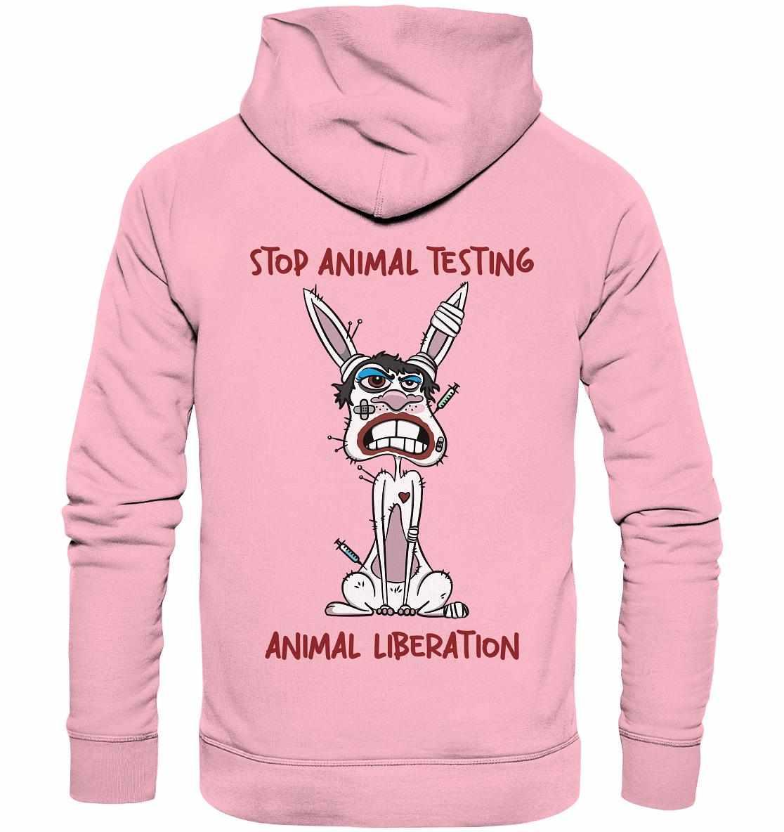 Vegan und Bio Hoodie mit Cartoon-Hase, der gegen Tierversuche protestiert. Nachhaltig aus Bio-Baumwolle, symbolisiert Tierschutz.
