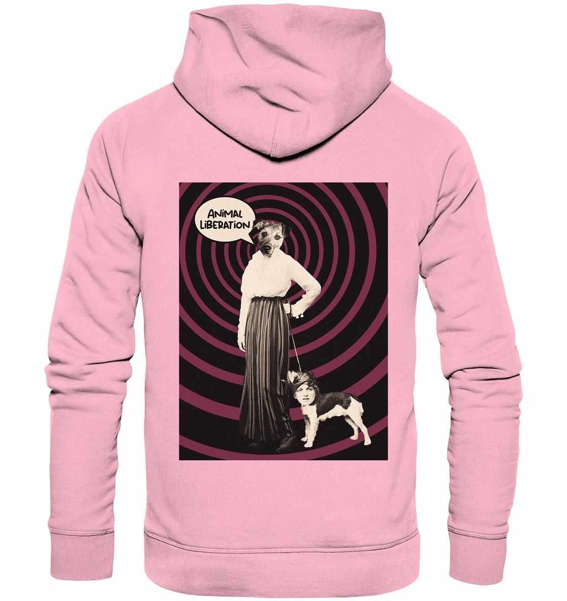 Vegan und Bio Hoodie: Upside Down - Animal Liberation, zeigt eine Frau mit Hund, in umweltfreundlichem Design aus Bio-Baumwolle und Recyclingmaterialien.