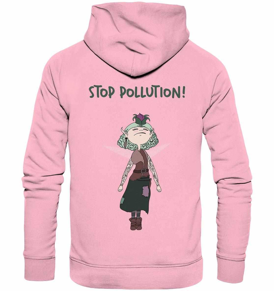Vegan und Bio Hoodie: STOP POLLUTION! - Krawall Fee, zeigt eine tätowierte Cartoon-Fee auf einem umweltfreundlichen, pinken Hoodie aus Biobaumwolle und recyceltem Material.