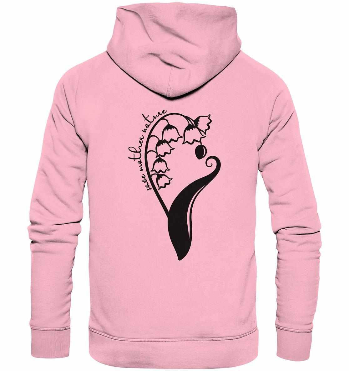 Vegan und Bio Hoodie: Save Mother Nature with Flower Power, pink mit schwarzem Design, aus Bio-Baumwolle, ideal für NaturschützerInnen und Blumenkinder.