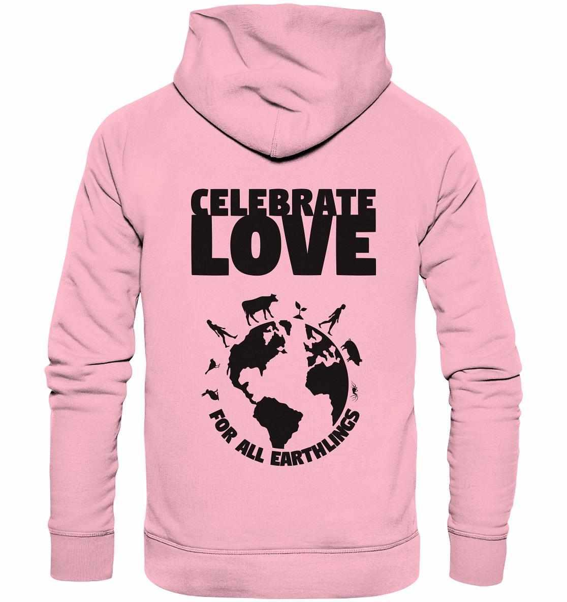 Vegan und Bio Hoodie: Celebrate Love For All Earthlings, pink, mit Logo, aus Bio-Baumwolle und recyceltem Polyester, zelebriert Veganismus und Nachhaltigkeit.