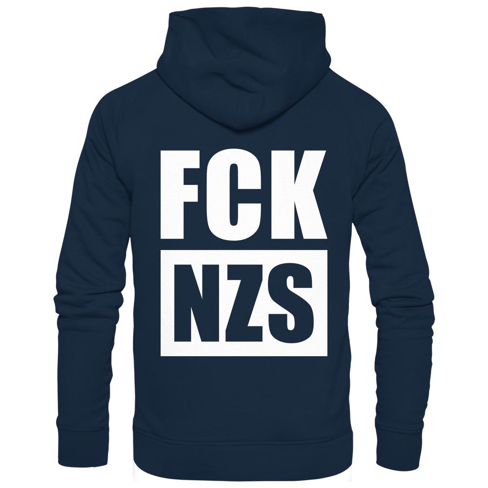 Vegan und Bio Hoodie: FCK NZS mit weißem Anti-Nazi-Slogan auf der Rückseite, hergestellt aus Bio-Baumwolle und recyceltem Polyester, normale Passform.