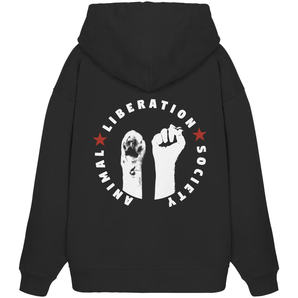 Vegan und Bio Oversized Hoodie mit weißem Text und Symbolen von Pfote und Faust, aus 100% Bio-Baumwolle, symbolisiert den Kampf für Tierrechte.