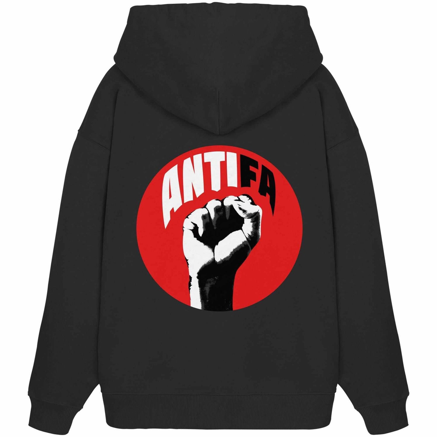 Vegan und Bio Oversized Hoodie: Antifa - Kampf gegen Rechts mit rotem Kreis und erhobener Faust, symbolisiert Widerstand gegen faschistisches Gedankengut.