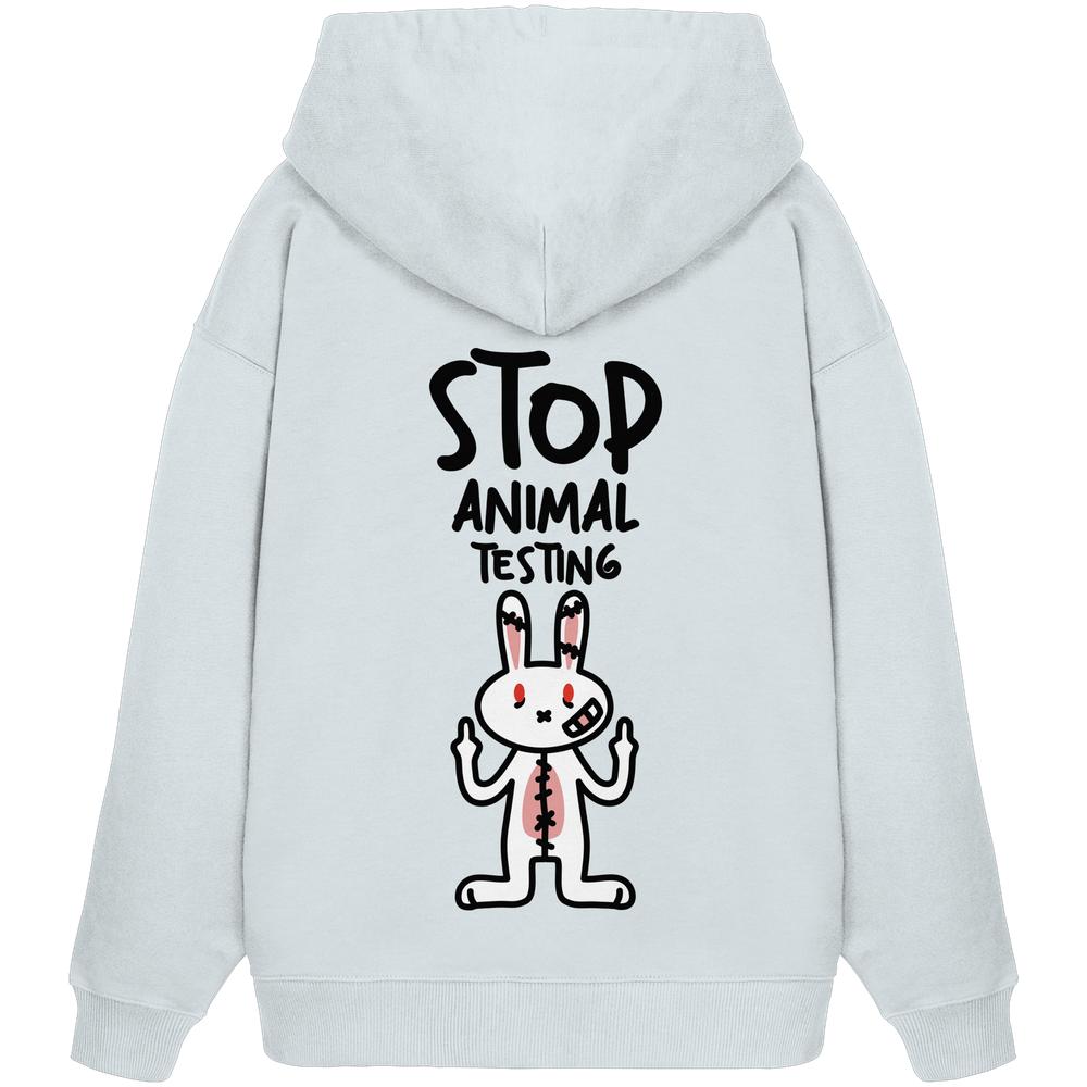 Oversize-Hoodie Hellgrau mit Kapuze und Print „STOP ANIMAL TESTING“