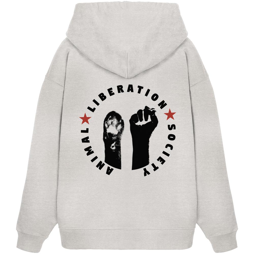 Vegan und Bio Oversized Hoodie mit schwarzem und rotem Text, zeigt eine Pfote und Faust für Tierbefreiung, aus 100% Bio-Baumwolle, mit Kängurutasche.