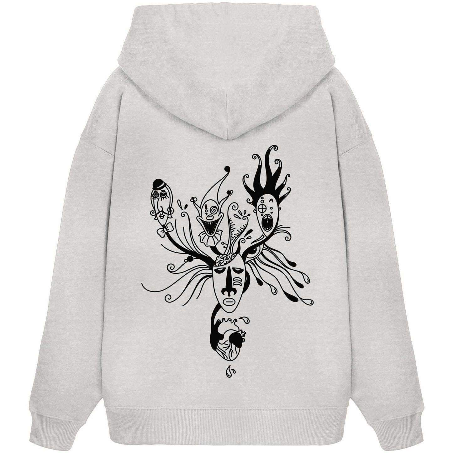 Vegan und Bio Oversized Hoodie: Mental Health - Behind the Mask... mit schwarzer Zeichnung eines Gesichts, aus 100% Bio-Baumwolle, Kapuze und Kängurutasche, rebellisches Design von RUDE REBEL.