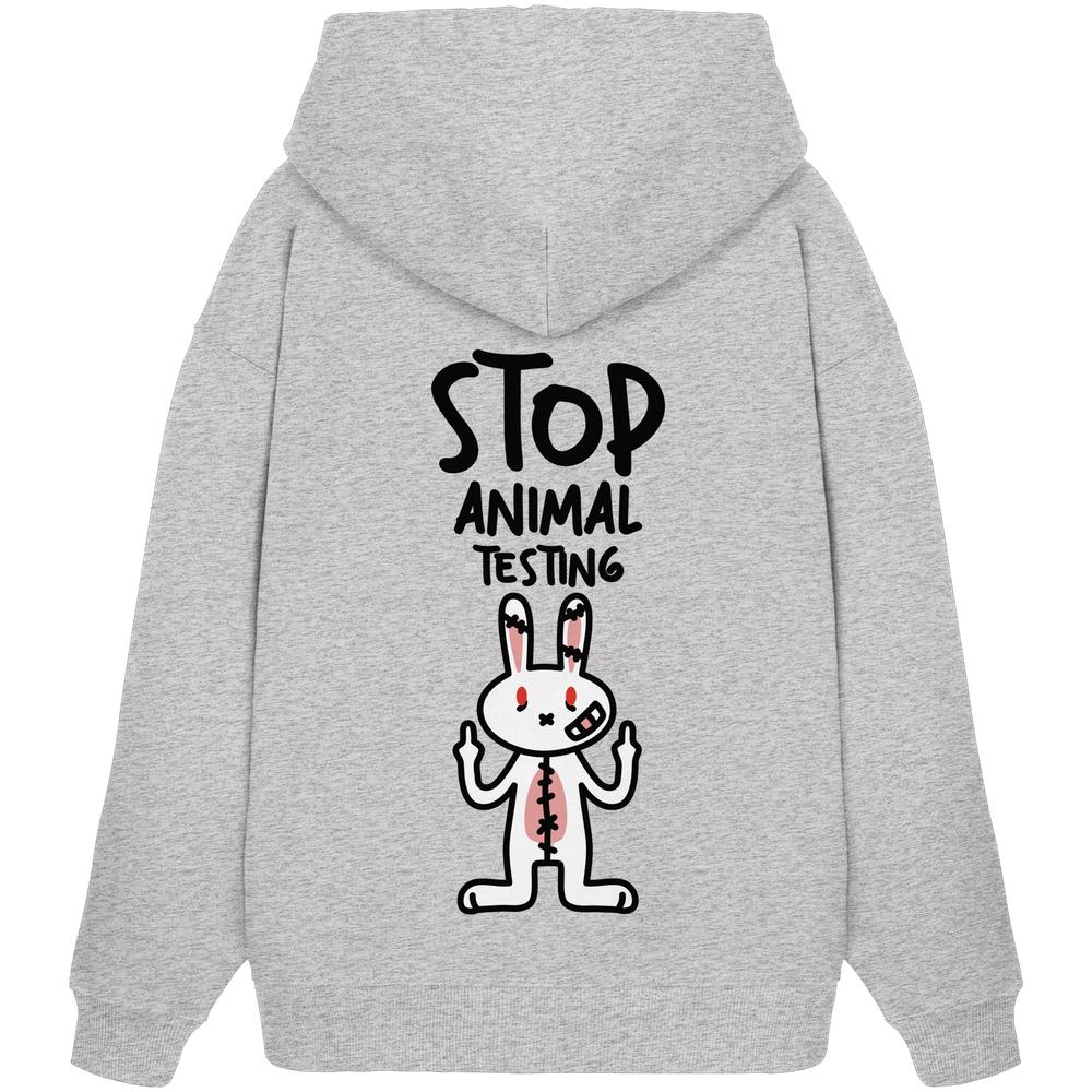 Grau melierter Oversize-Hoodie mit Kapuze und Aufdruck „STOP ANIMAL TESTING“ mit Kaninchen