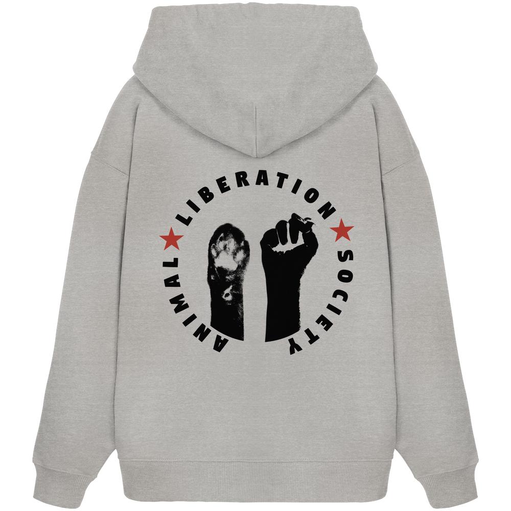 Vegan und Bio Oversized Hoodie: Raise paw and fist for Animal Liberation! Grauer Hoodie mit Katzen- und Bärenmotiven, symbolisiert tierische Befreiung, aus 100% Bio-Baumwolle.