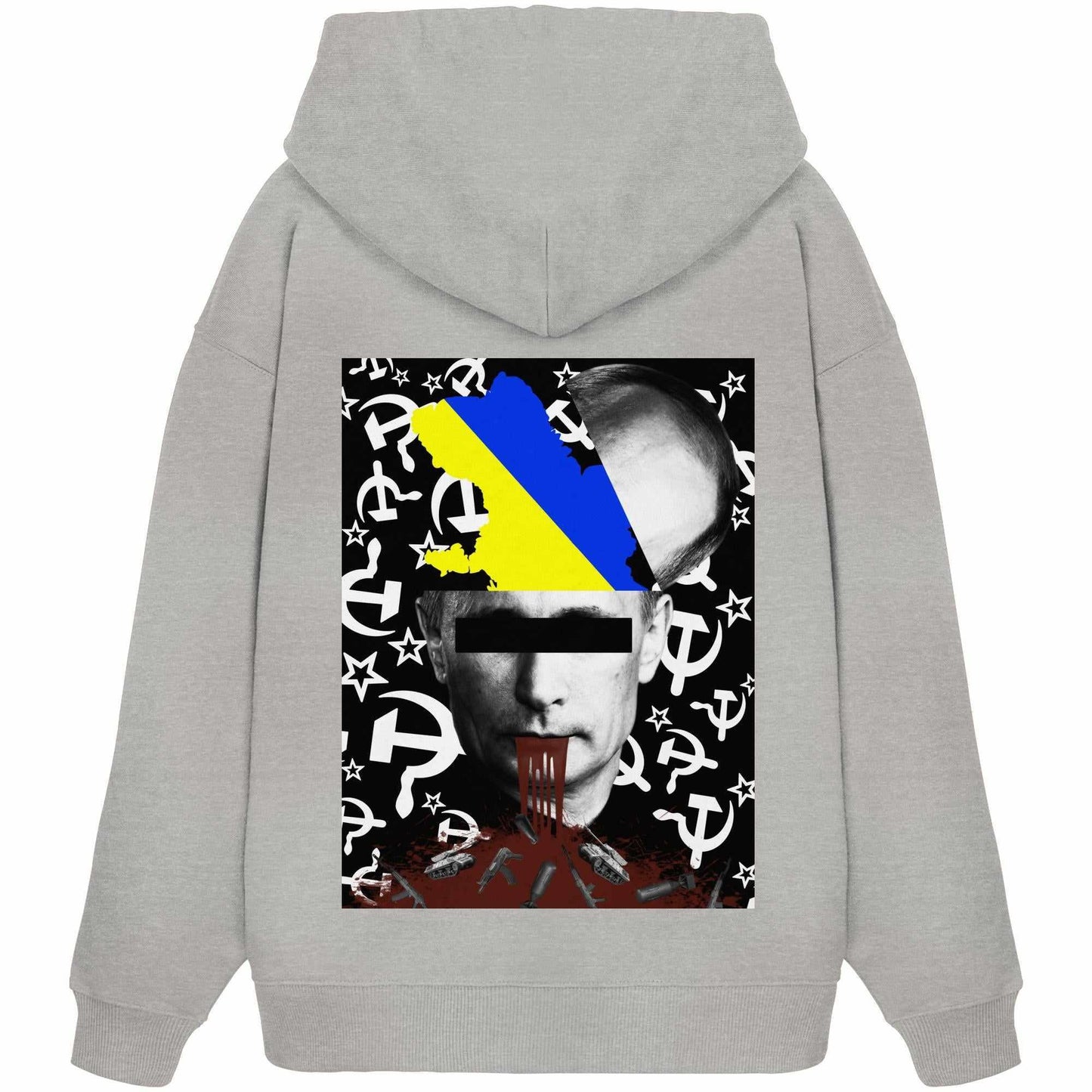 Vegan und Bio Oversized Hoodie: STOP WAR IN UKRAINE! mit einem eindrucksvollen Porträt eines Mannes, der eine Friedensbotschaft gegen Krieg symbolisiert.