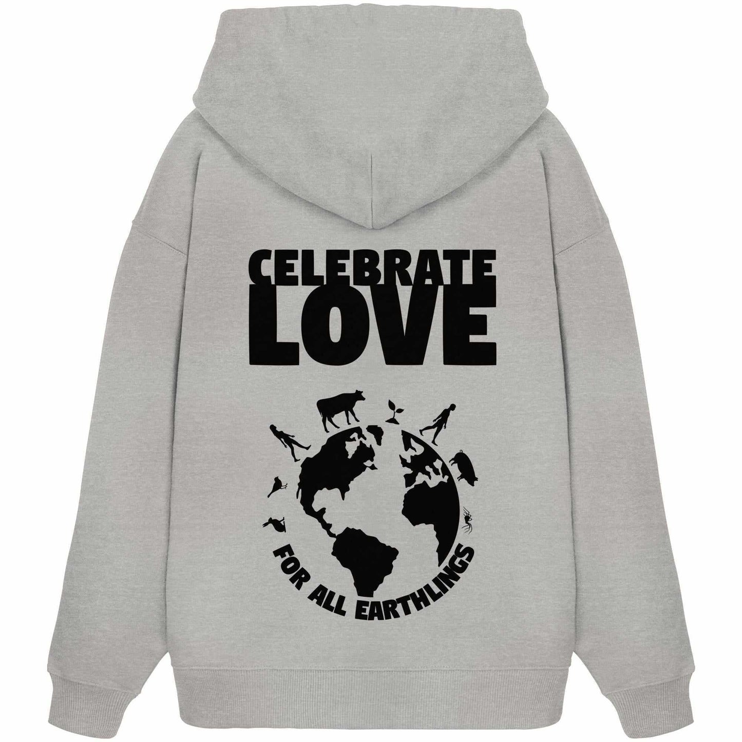 Vegan und Bio Oversized Hoodie mit Grafikdesign, das Veganismus, Feminismus und Naturschutz feiert. Enthält Tier- und Globusmotive, hergestellt aus 100% Bio-Baumwolle.