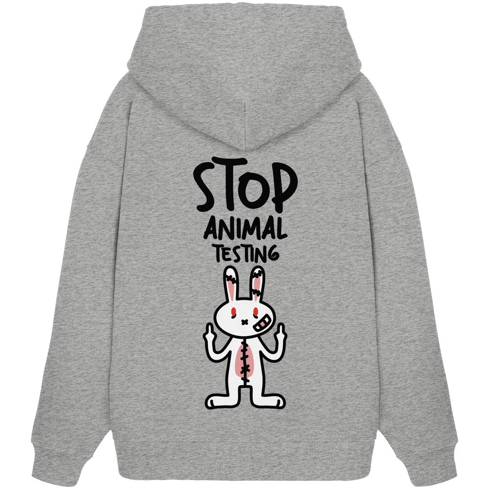 Grau melierter Oversize-Hoodie mit Kapuze und Aufdruck „STOP ANIMAL TESTING“ mit Kaninchen