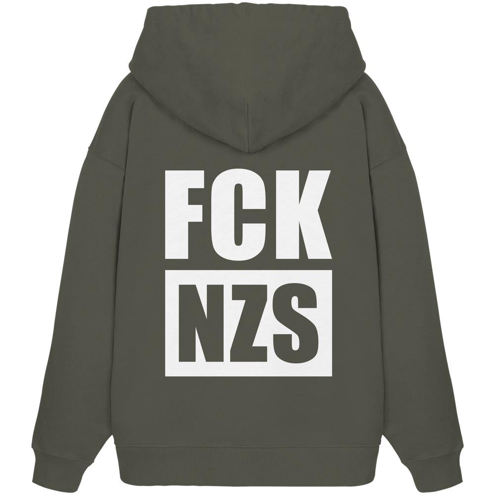 Rückansicht des Vegan und Bio Oversized Hoodie: FCK NZS mit großer weißer Aufschrift FCK NZS, hergestellt aus 100% Bio-Baumwolle, Kapuze und Kängurutasche.