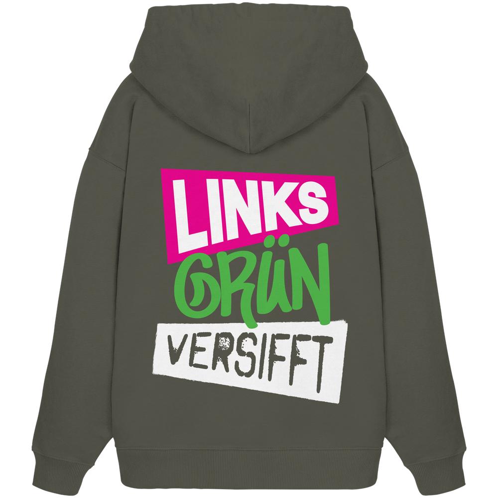 Vegan und Bio Oversized Hoodie mit weißem Text, aus 100% Bio-Baumwolle, zeigt rebellisches Design zum Thema linke Politik und Umweltschutz.