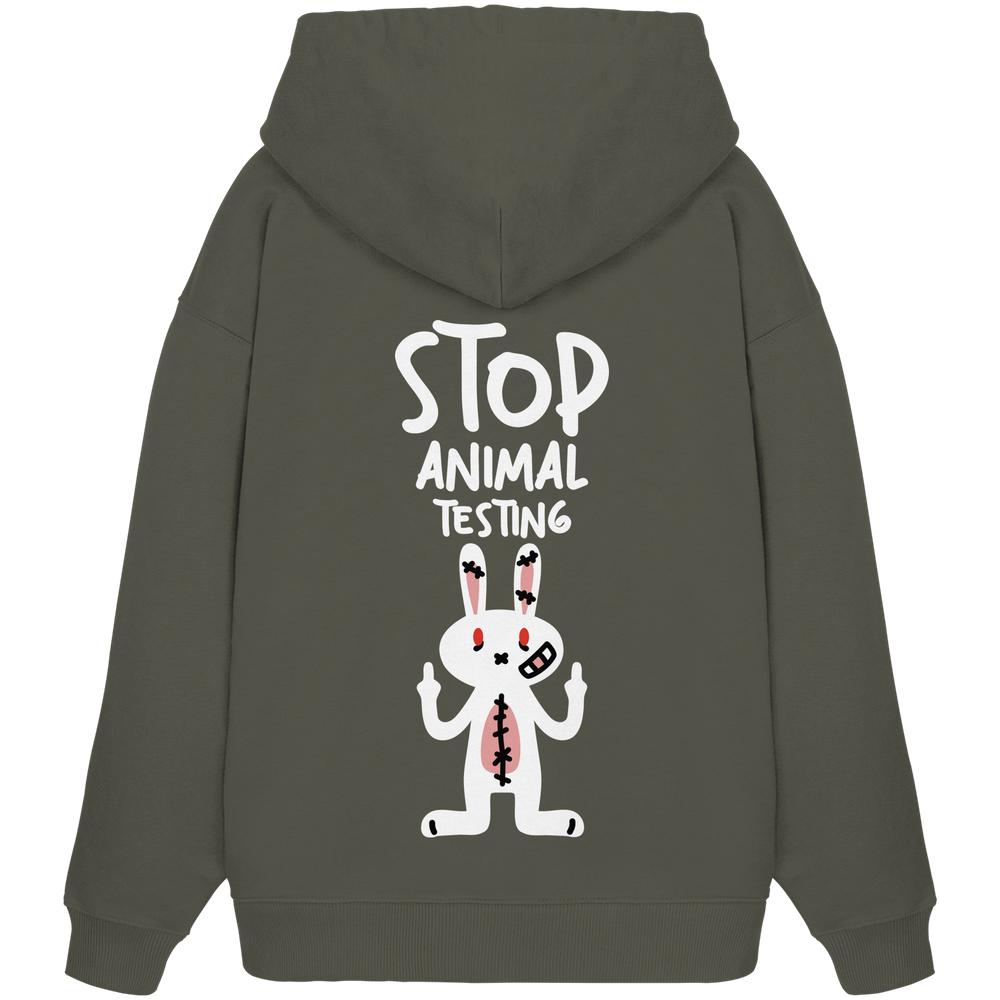 Dunkelkhakifarbener Oversize-Hoodie mit Kapuze und Aufdruck „STOP ANIMAL TESTING“ mit Kaninchen