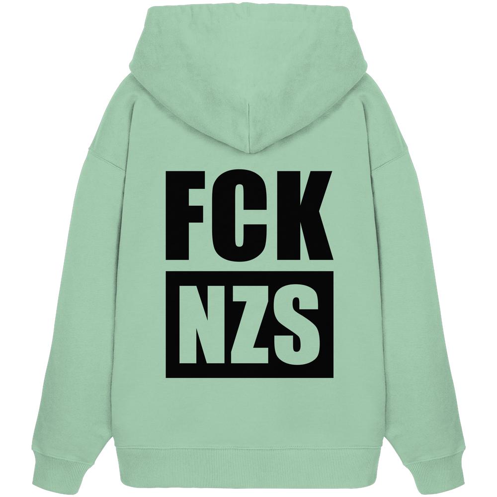 Rückansicht eines mintgrünen Oversized Hoodies mit großem FCK NZS-Aufdruck, aus 100% Bio-Baumwolle, rebellisches Design von RUDE REBEL.