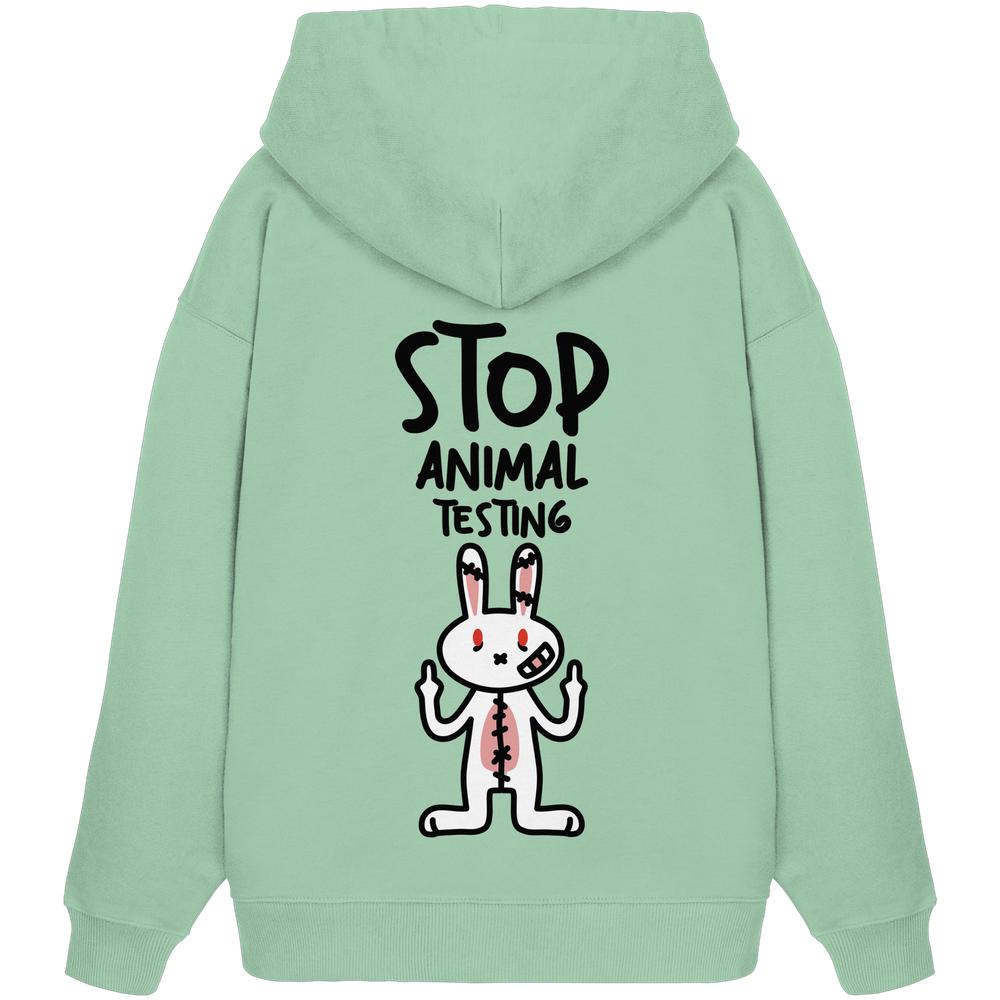 Oversize-Hoodie Mintgrün mit Kapuze und Print „STOP ANIMAL TESTING“