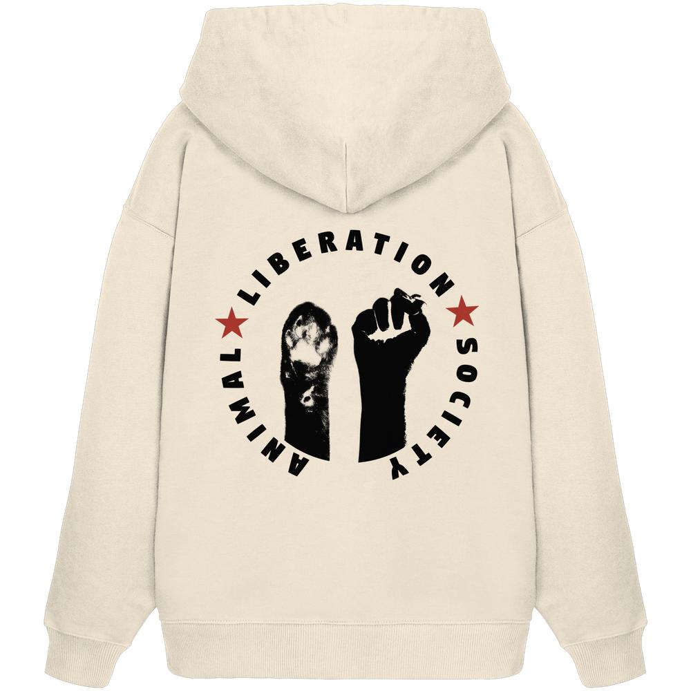 Vegan und Bio Oversized Hoodie mit schwarzem Hand- und Sternendesign; symbolisiert Tierbefreiung. Aus 100% Bio-Baumwolle, rebellisches Design von RUDE REBEL.