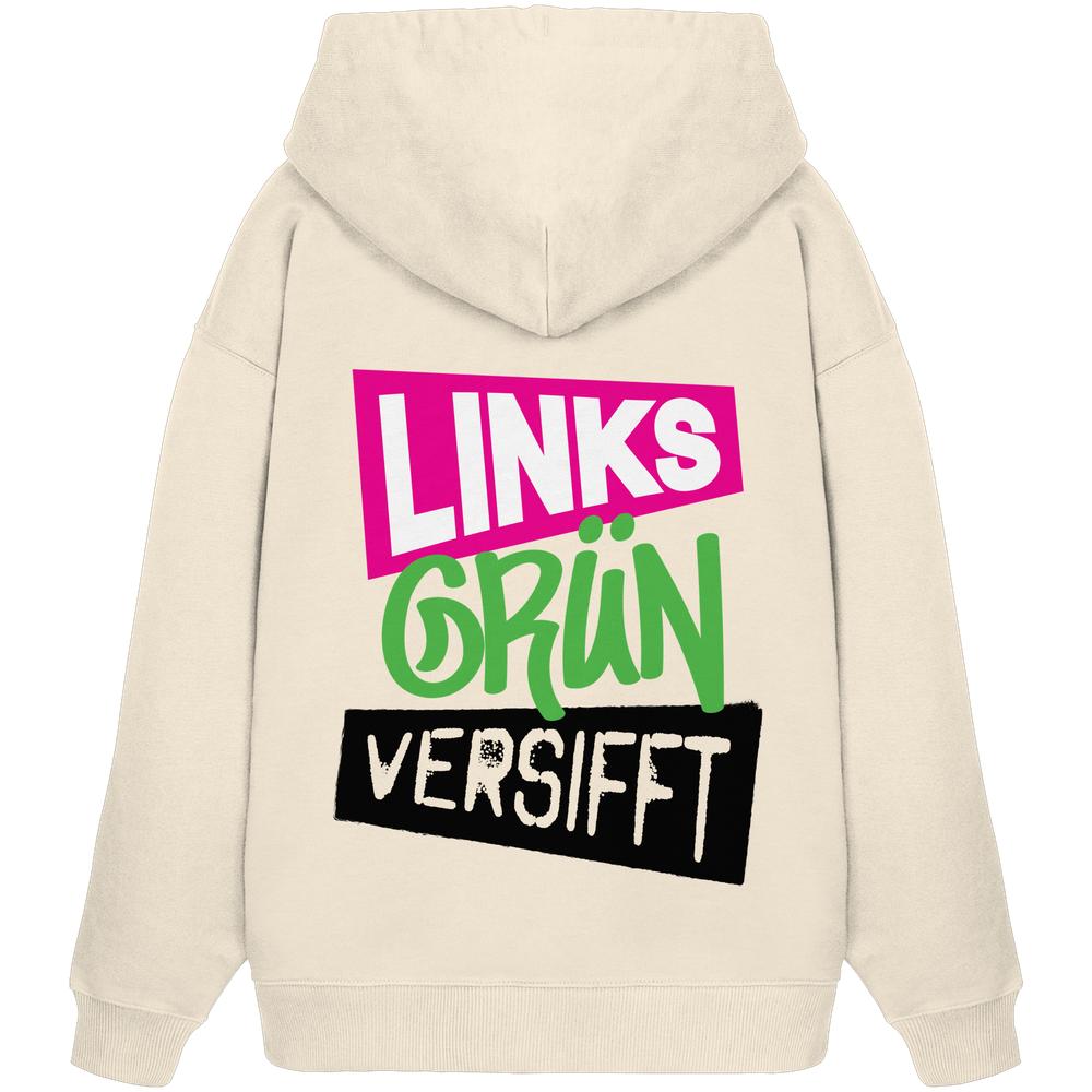 Vegan und Bio Oversized Hoodie mit auffälligem Schriftzug, aus 100% Bio-Baumwolle, mit Kängurutasche und Kapuze.