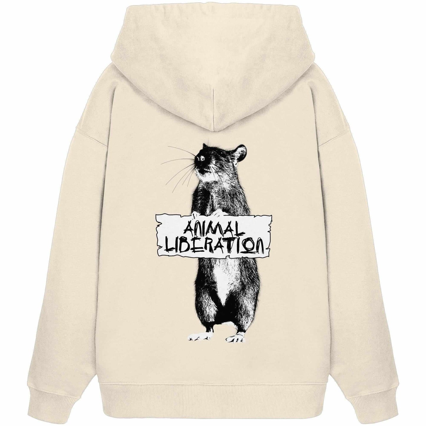 Vegan und Bio Oversized Hoodie mit Katzenmotiv, inspiriert von Banksy, aus 100% Bio-Baumwolle, mit Kängurutasche und Kapuze; rebellisches Design für Tierrechte.