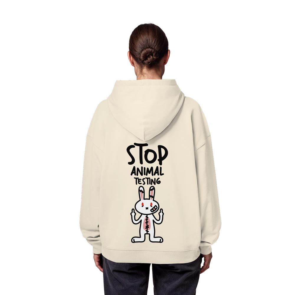 Naturfarbener Oversize-Hoodie mit Kapuze und Rückseitenaufdruck „STOP ANIMAL TESTING“