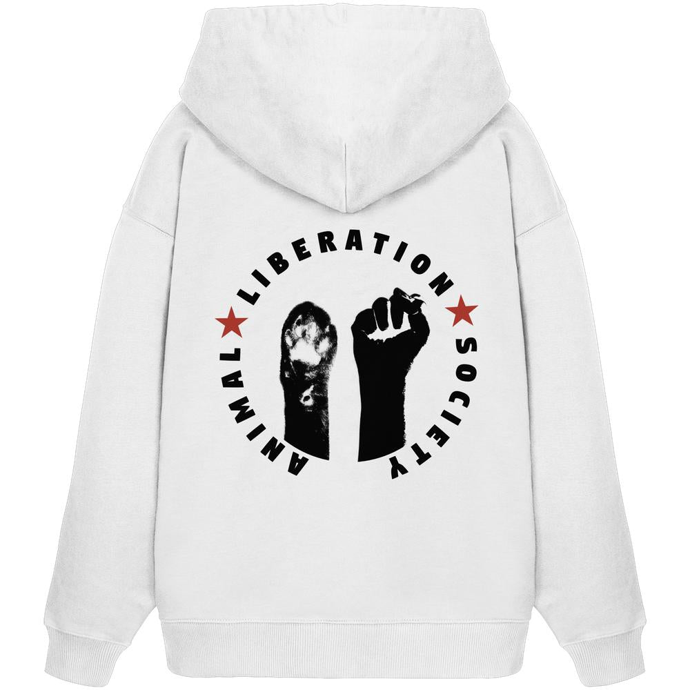 Vegan und Bio Oversized Hoodie mit schwarzem und rotem Design, das Pfote und Faust für Tierrechte symbolisiert. Hergestellt aus 100% Bio-Baumwolle.