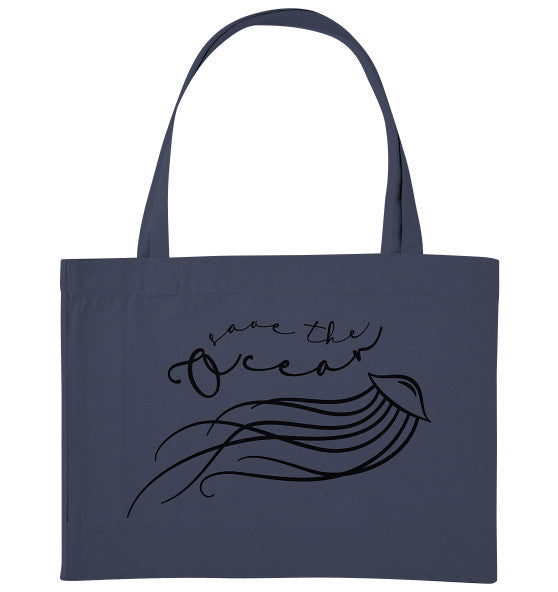 Vegan und Recycling extragroße Stofftasche mit Quallenmotiv und Botschaft Save the Ocean, ideal für nachhaltige Einkäufe und Umweltschutz.