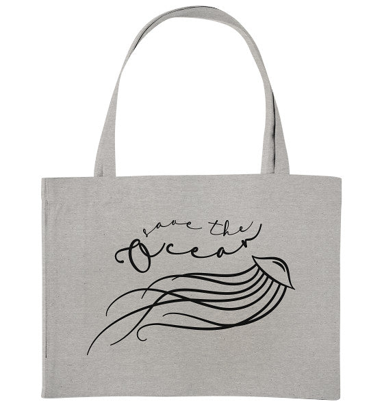Vegan und Recycling extragroße Stofftasche: Jellyfish - Save the Ocean, graue Tasche mit Quallen-Illustration und Aufruf zum Meeresschutz, aus recycelten Materialien.
