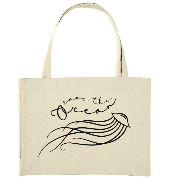 Vegan und Recycling extragroße Stofftasche mit Jellyfish-Illustration und Save the Ocean-Text, perfekt für umweltbewusste Einkäufe.