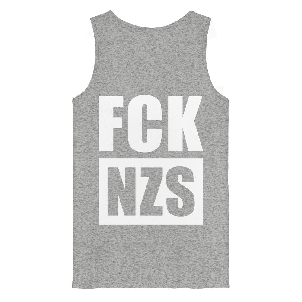 Ärmelloses, graues Tanktop mit dem weißen Slogan „FCK NZS“ auf dem Rücken, aus 100% Bio-Baumwolle, Medium Fit, von RUDE REBEL.