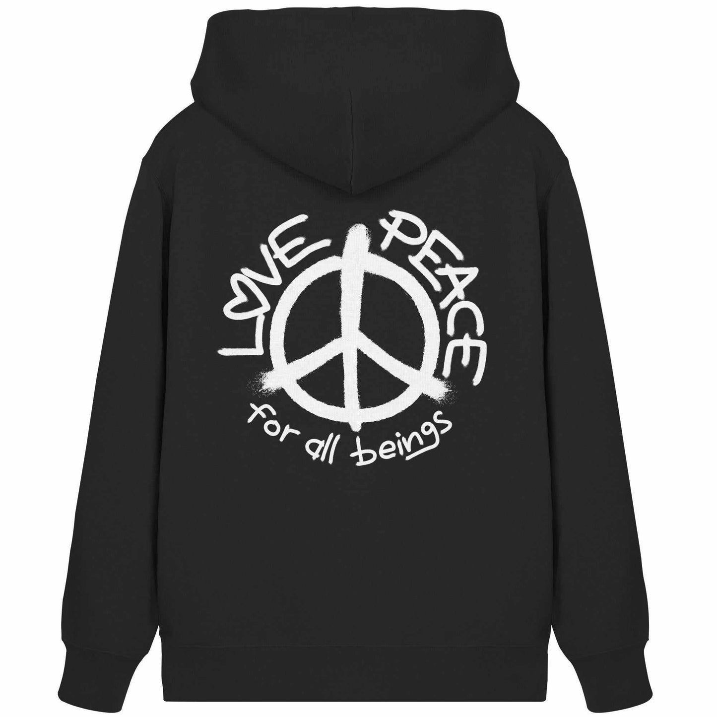 Vegan und Bio Zipper Hoodie mit Peace-Zeichen, symbolisiert Liebe und Frieden für alle Wesen. Nachhaltiges Design mit Kapuze und Kängurutasche, ideal für umweltbewusste Mode.
