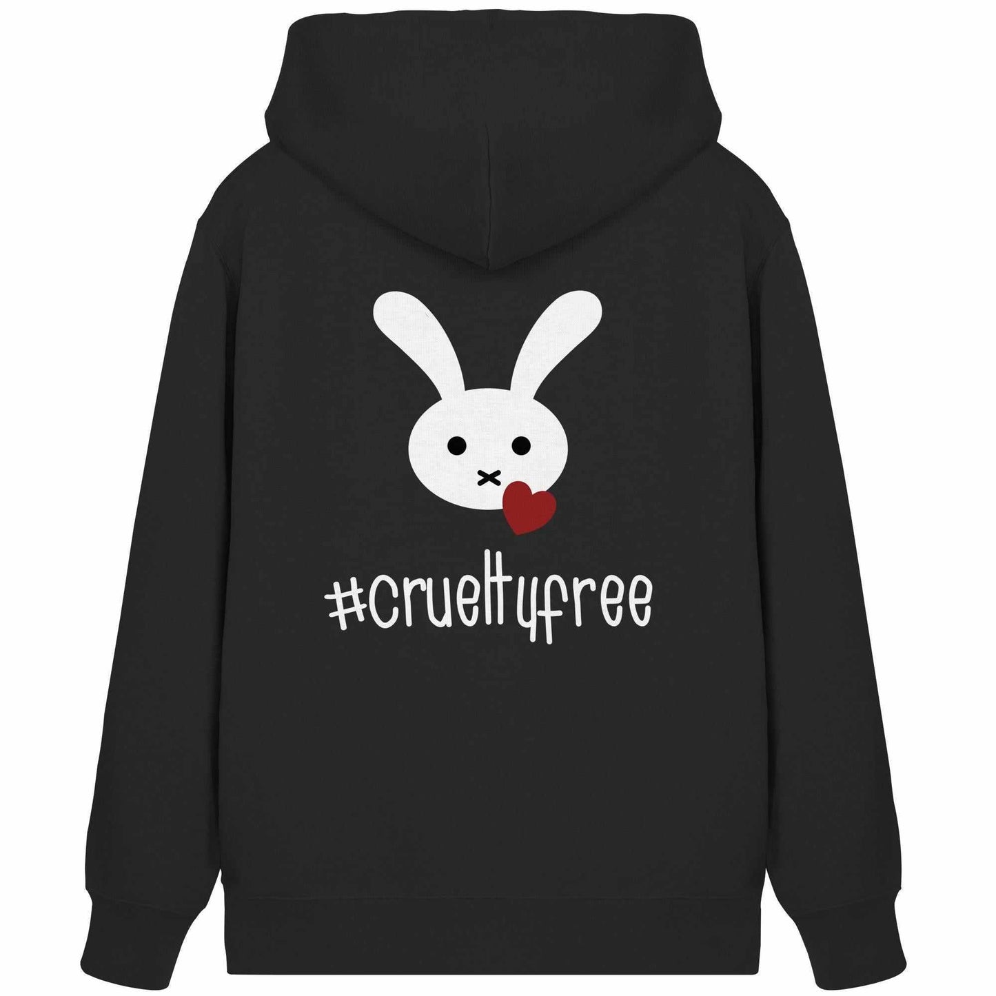 Vegan und Bio Zipper Hoodie: Crueltyfree Bunny BIG mit weißem Kaninchen und rotem Herzmotiv, aus Biobaumwolle und recyceltem Polyester, rebellisches Design von RUDE REBEL.