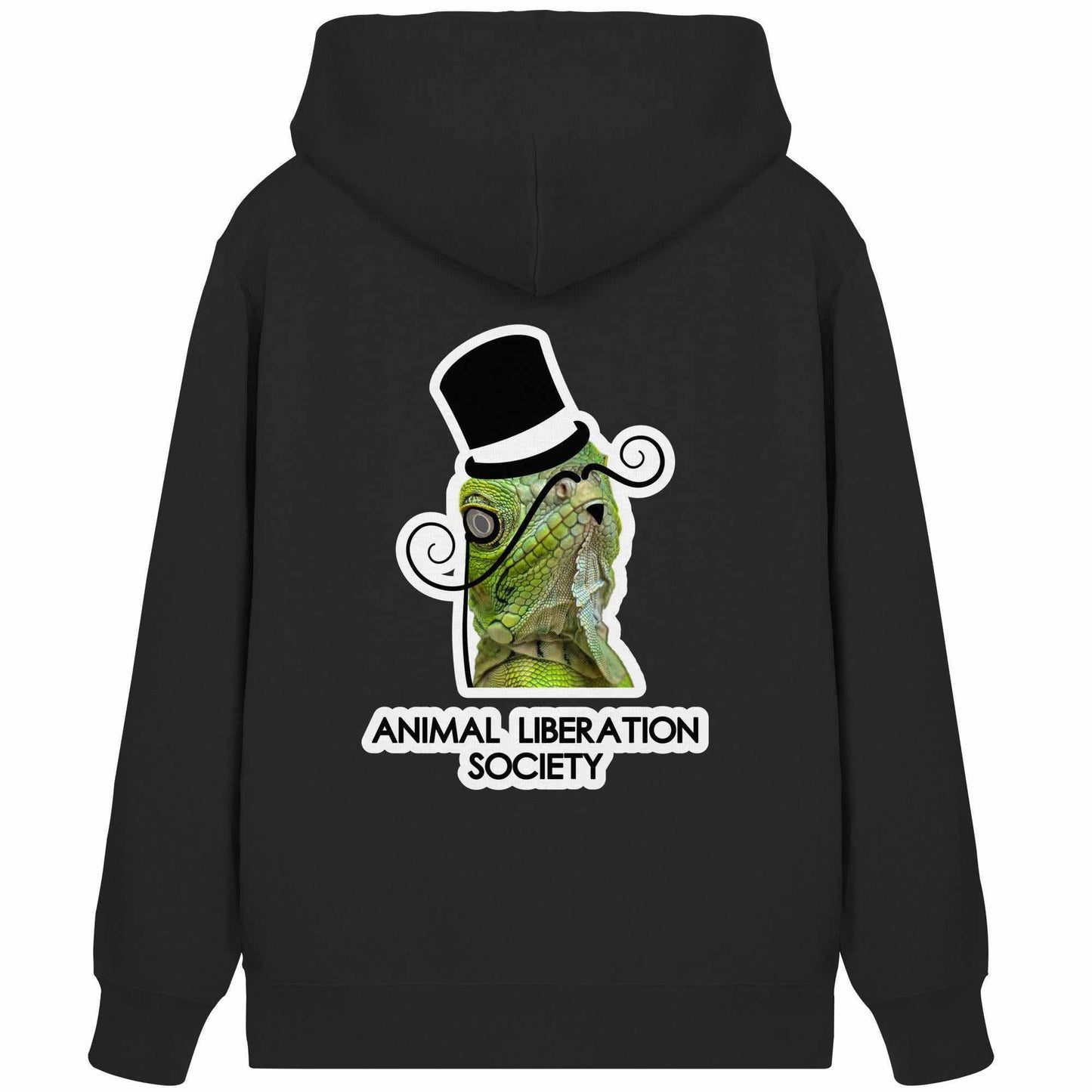 Vegan und Bio Zipper Hoodie: Sir Reptile - Animal Liberation Society mit grünem Eidechsenmotiv im Zylinderhut, repräsentiert Tierrechte und nachhaltige Mode.
