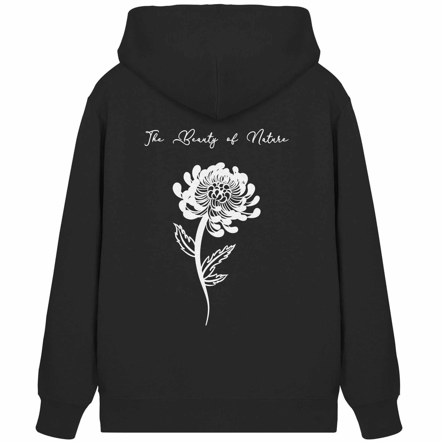 Vegan und Bio Zipper Hoodie: Chrysantheme - schwarzer Hoodie mit weißem Blumenmotiv, ideal für Naturschutzfans, aus Bio-Baumwolle und recyceltem Polyester, normaler Schnitt, verdeckter Reißverschluss.