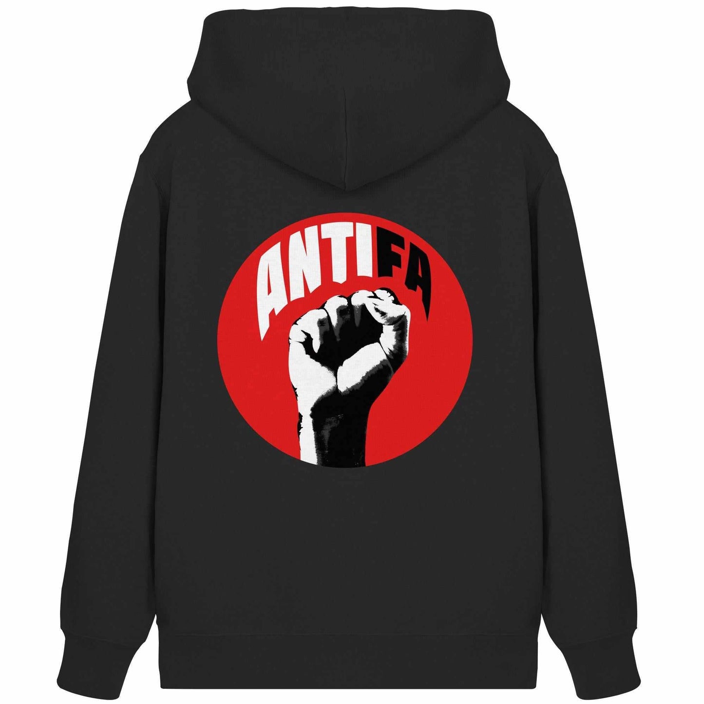 Vegan und Bio Zipper Hoodie: Antifa - Kampf gegen Rechts mit rotem und weißem Logo eines erhobenen Fäustchens auf schwarzem Stoff, Kapuze und Kängurutasche.