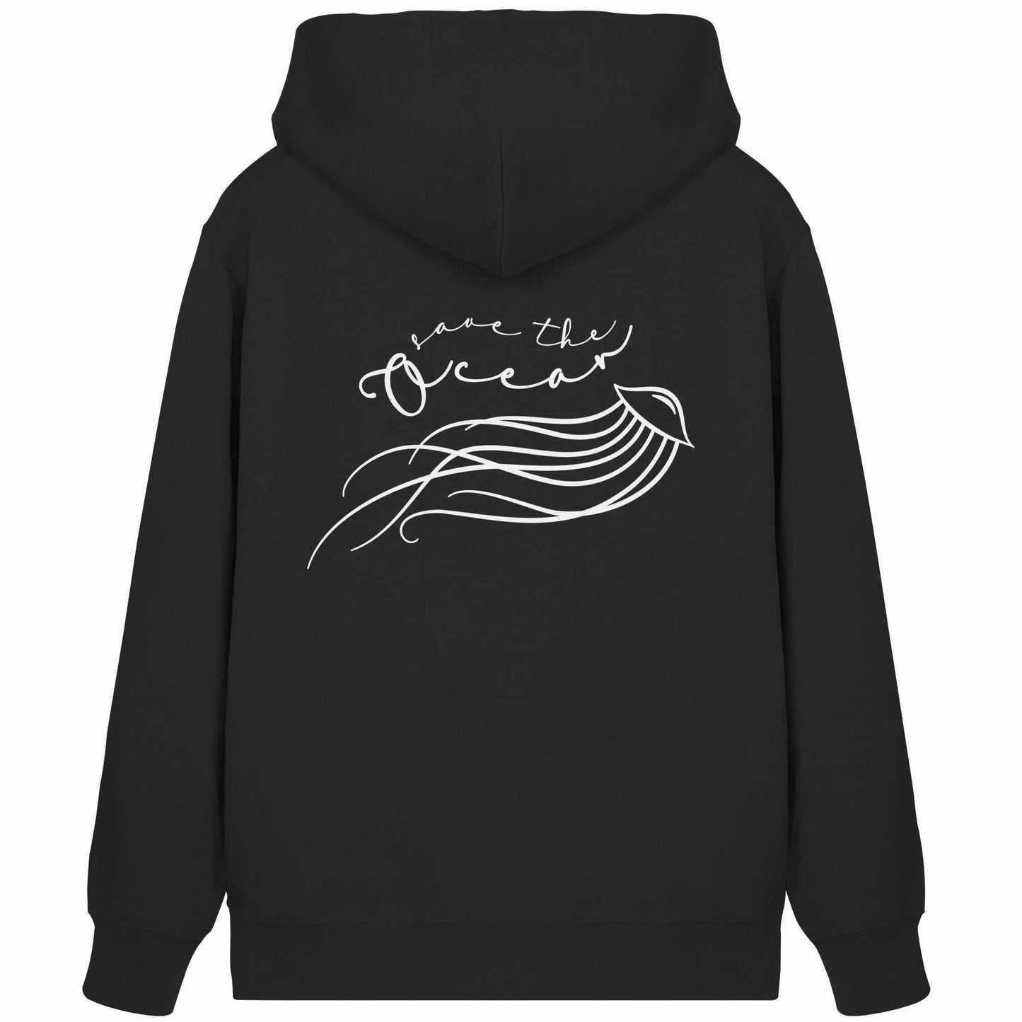 Vegan und Bio Zipper Hoodie: Jellyfish - Save the Ocean mit weißem Quallen-Design und Kapuze, aus Bio-Baumwolle und recyceltem Polyester, betont Umweltschutz.