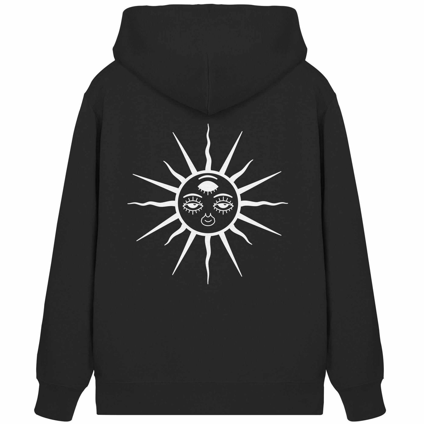 Vegan und Bio Zipper Hoodie: The Sun - Third Eye Awakening, schwarzer Hoodie mit dreiaugiger Sonnengrafik, ideal für Goa Raves, nachhaltige Materialien.