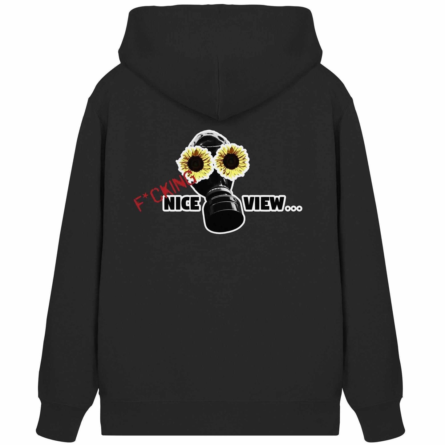 Vegan und Bio Zipper Hoodie: Sunflower Mask - F*cking nice view... zeigt eine Gasmaske mit Sonnenblumen auf schwarzem Hoodie, ideal für umweltbewusste, rebellische Mode.