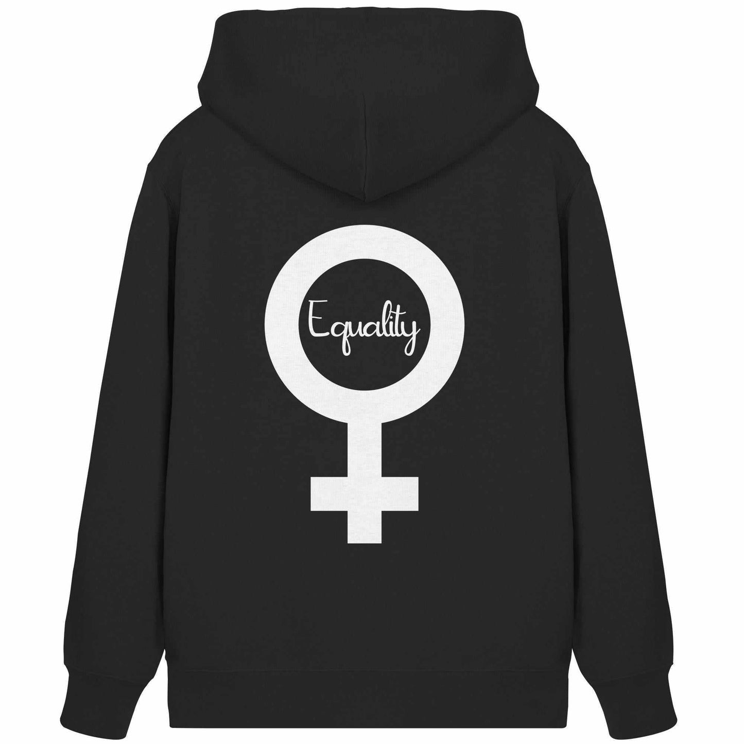 Vegan und Bio Zipper Hoodie mit weißem Symbol, repräsentiert Feminismus und Gleichberechtigung, aus Bio-Baumwolle und recyceltem Polyester, von RUDE REBEL.