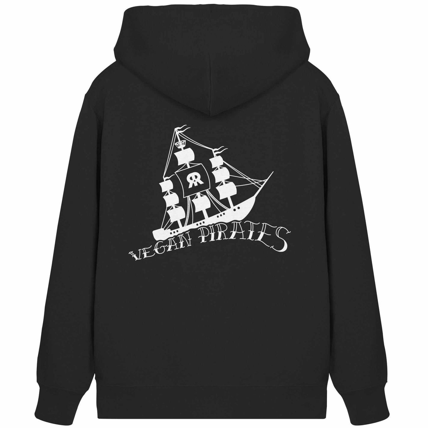 Vegan und Bio Zipper Hoodie: Vegan Pirates, schwarzer Hoodie mit Piratenschiff-Design, aus Bio-Baumwolle und recyceltem Polyester, mit Kapuze und Kängurutaschen.