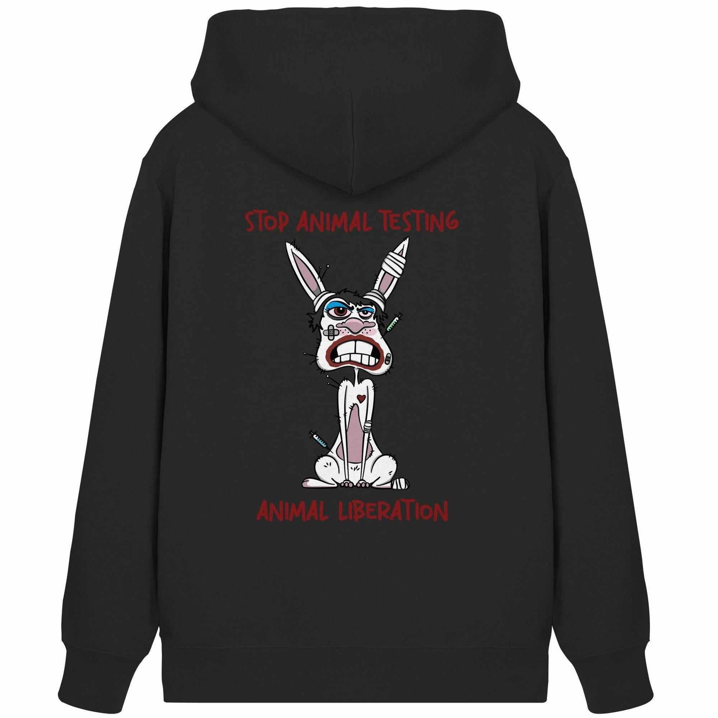 Vegan und Bio Zipper Hoodie mit Cartoon-Hasenmotiv und STOP ANIMAL TESTING!-Aufschrift, betont Tierrechte. Hergestellt aus Bio-Baumwolle und recyceltem Polyester.