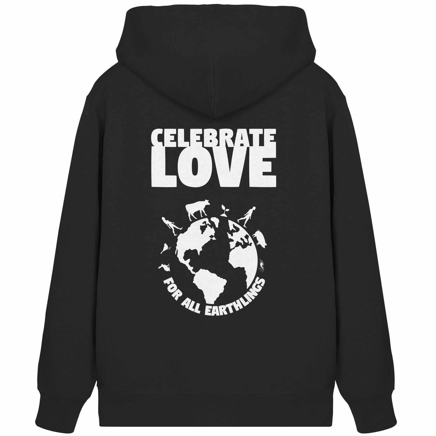 Vegan und Bio Zipper Hoodie mit Logo-Print, der Liebe zu allen Lebewesen feiert; aus Biobaumwolle und recyceltem Polyester mit Kängurutasche und Kapuze.