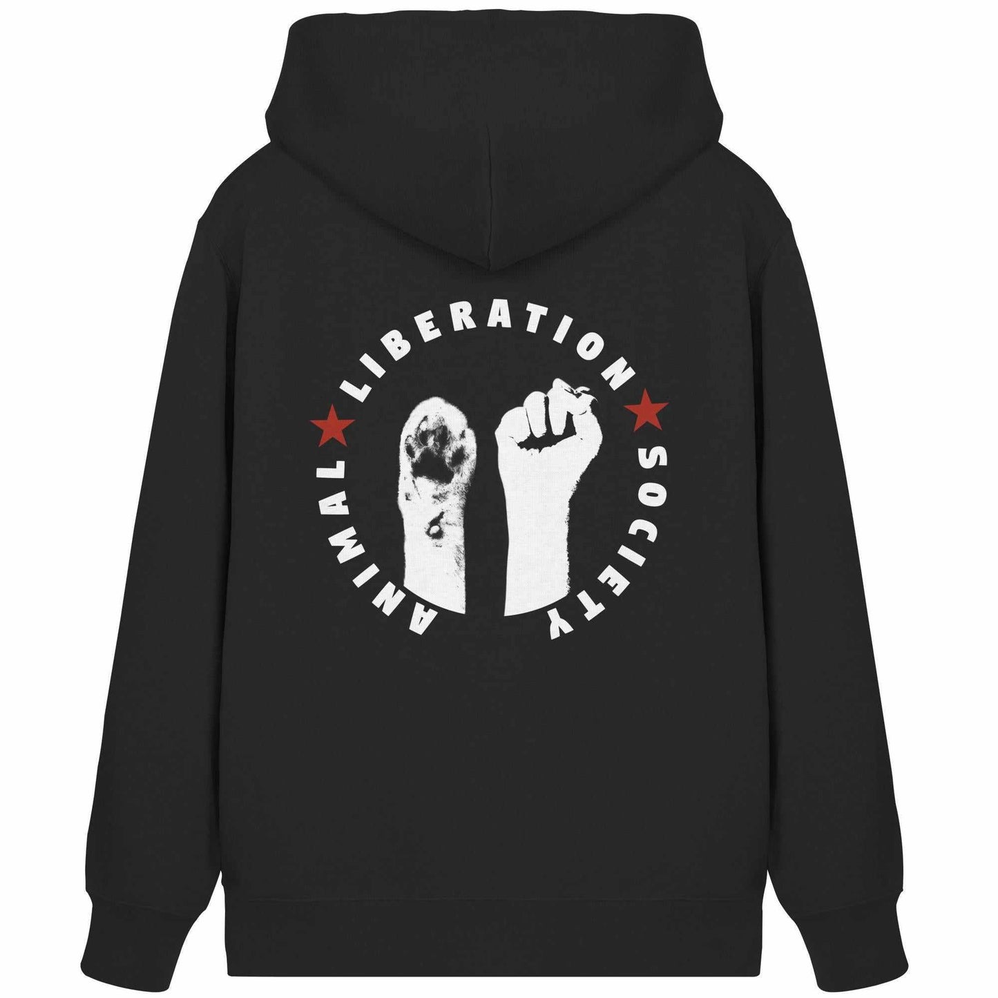 Vegan und Bio Zipper Hoodie mit weißen Händen und rotem Sternmotiv, symbolisiert Tierrechtskampf, aus Bio-Baumwolle und recyceltem Polyester, hergestellt von RUDE REBEL.