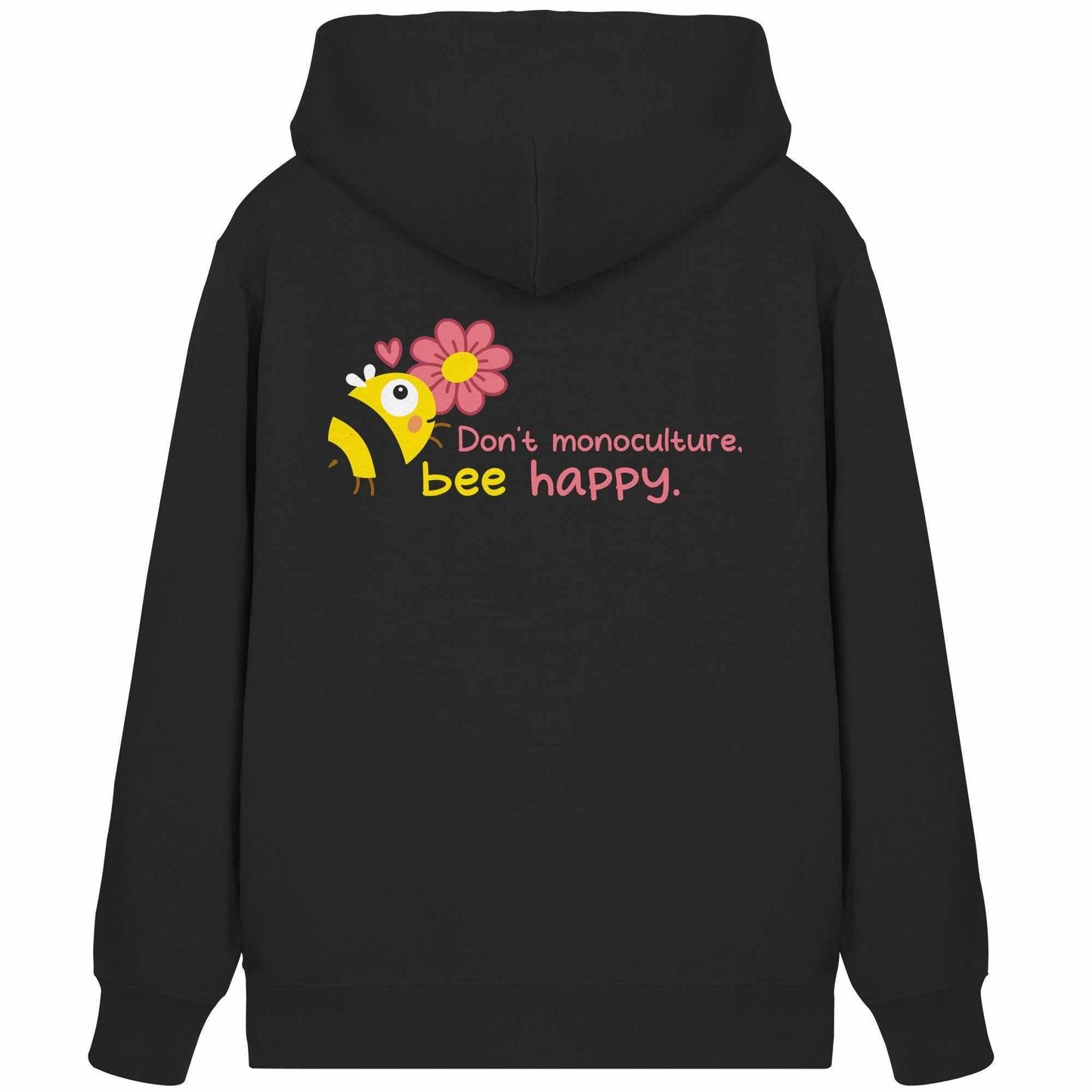 Vegan und Bio Zipper Hoodie: Save the bees, schwarzer Hoodie mit Biene und Blume, nachhaltige Materialien, reguläre Passform, Kängurutasche, verdeckter Reißverschluss, betont Naturschutz und Artenvielfalt.