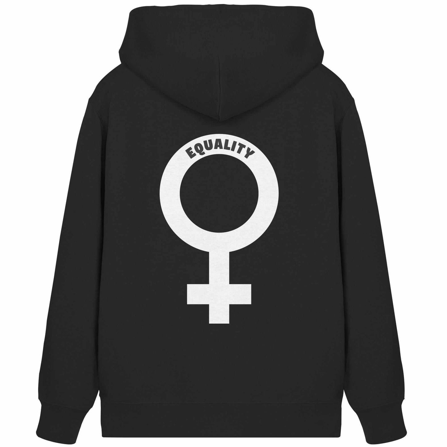 Vegan und Bio Zipper Hoodie mit Venussymbol, zeigt feministische Botschaft. Kapuze, Kängurutasche, verdeckter Reißverschluss, nachhaltiger Baumwoll-Polyester-Mix. Marke: RUDE REBEL.