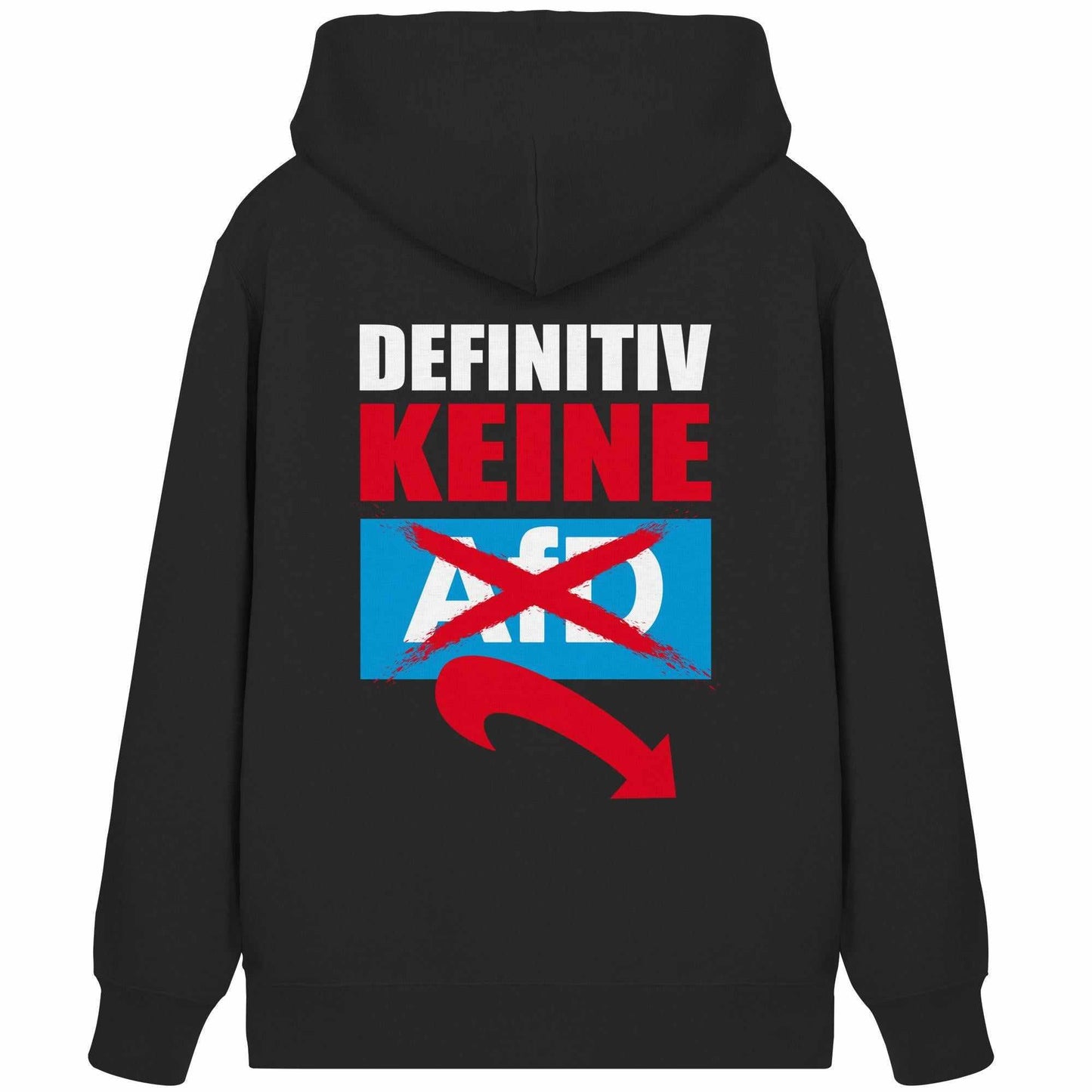 Vegan und Bio Zipper Hoodie: Gegen Rechts - Schwarzer Hoodie mit rotem, weißem und blauem Text, Kapuze, Kängurutasche, hergestellt aus Bio-Baumwolle und recyceltem Polyester.