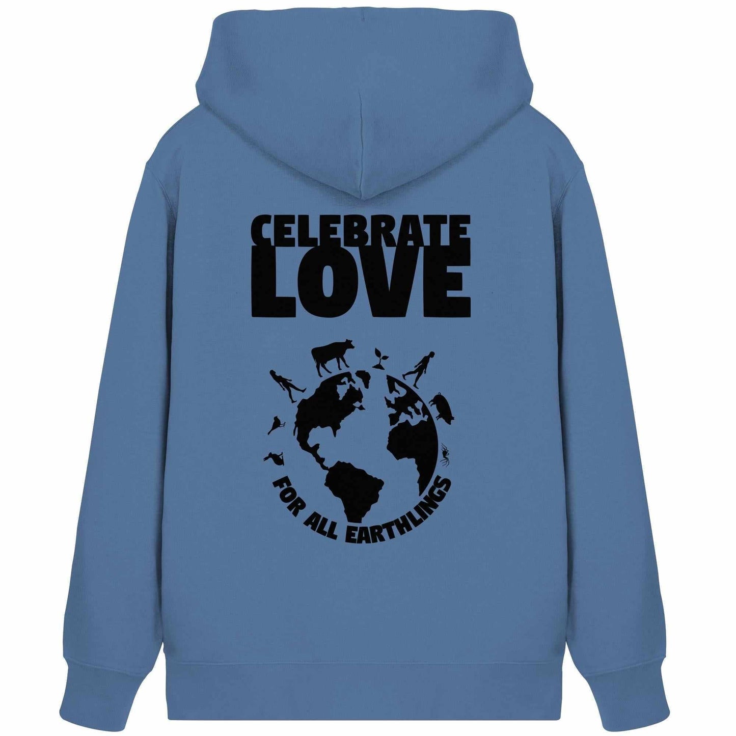 Vegan und Bio Zipper Hoodie: Celebrate Love For All Earthlings, blaue Kapuze, Logo mit Erde und Tieren, nachhaltig aus Bio-Baumwolle und recyceltem Polyester gefertigt.