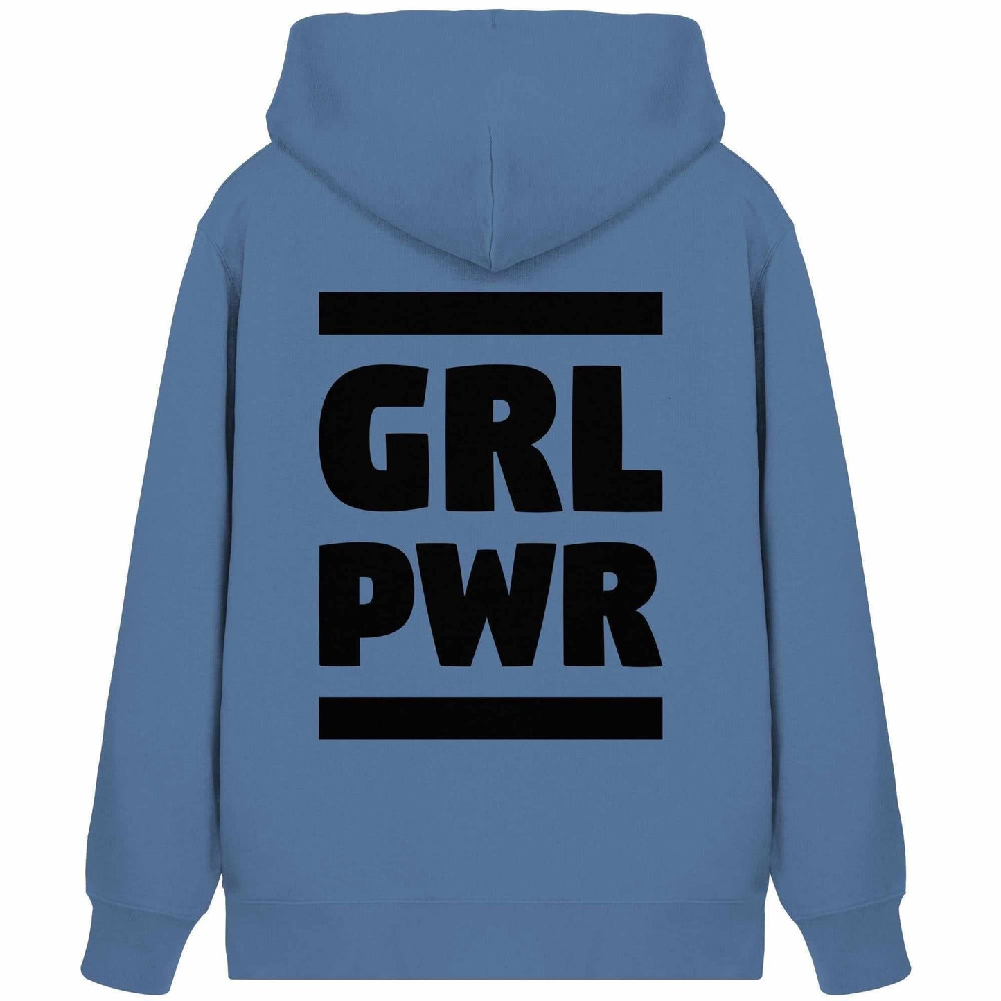 Vegan und Bio Zipper Hoodie: GIRL POWER - Design mit feministischer Message, blauer Hoodie mit schwarzem Text, Kängurutasche, verdecktem Reißverschluss, hergestellt aus Bio-Baumwolle und recyceltem Polyester.