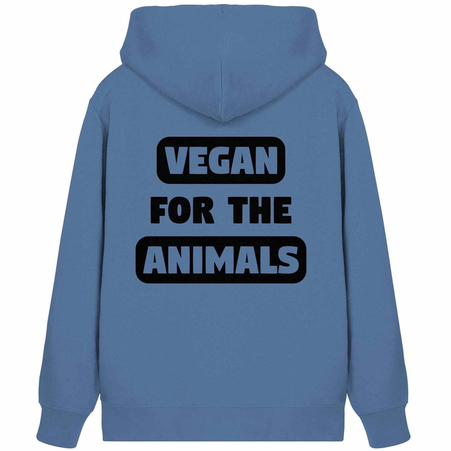 Vegan und Bio Zipper Hoodie: VEGAN FOR THE ANIMALS, blaue Kapuze mit schwarzem Text, Kängurutasche, verdeckter Reißverschluss, nachhaltiges Design von RUDE REBEL.