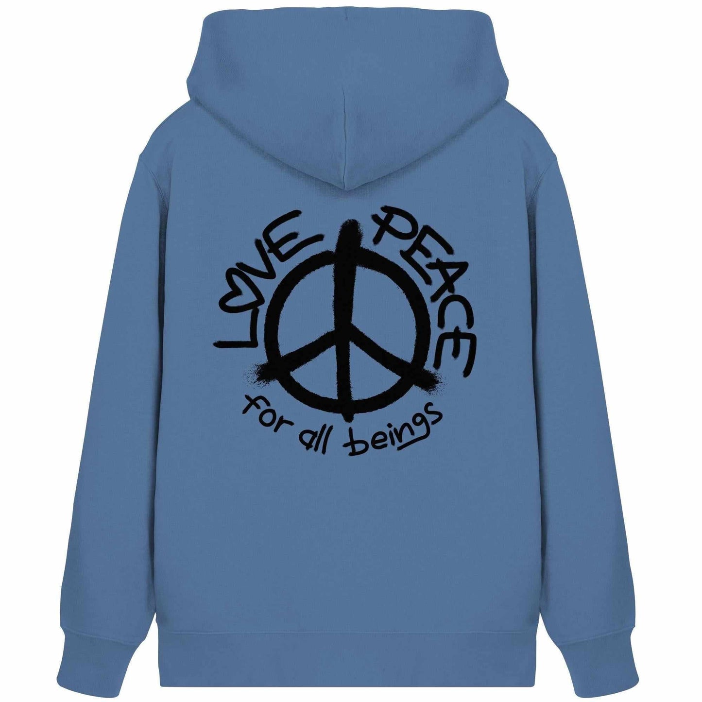 Vegan und Bio Zipper Hoodie mit aufgedrucktem Peace-Zeichen, Kapuze und Kängurutasche, perfekt für einen nachhaltigen, friedlichen Look.